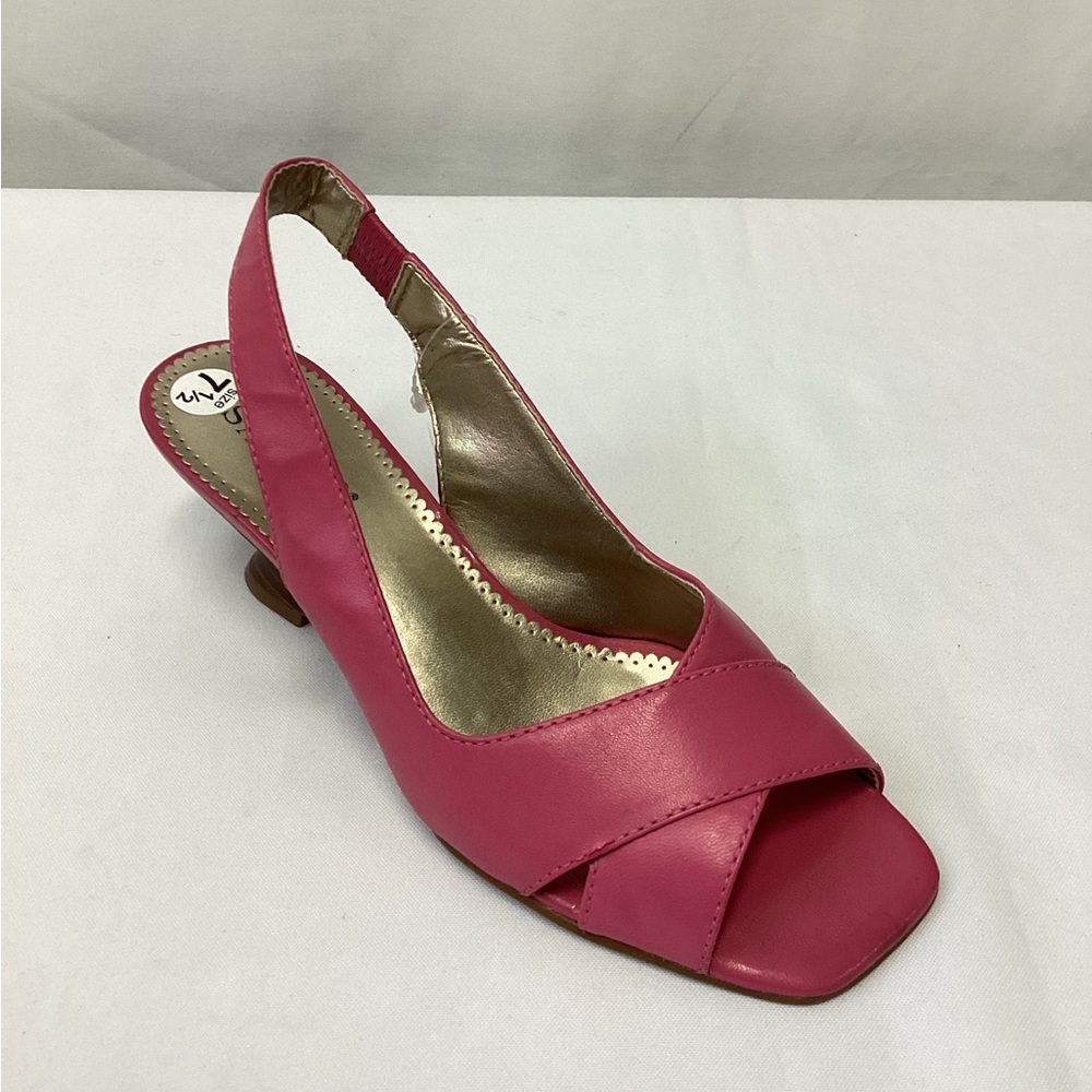 FRANCO SARTO Pink Criss cross Wooden Wedge Heel Size 7.5 Sandals Rose Leather